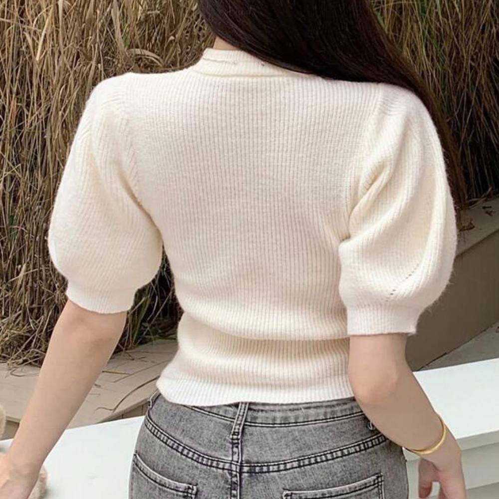 Puff Sleeve / short sleeve mock neck Knit sweater Top — stretchy material - Picture 3 of 5